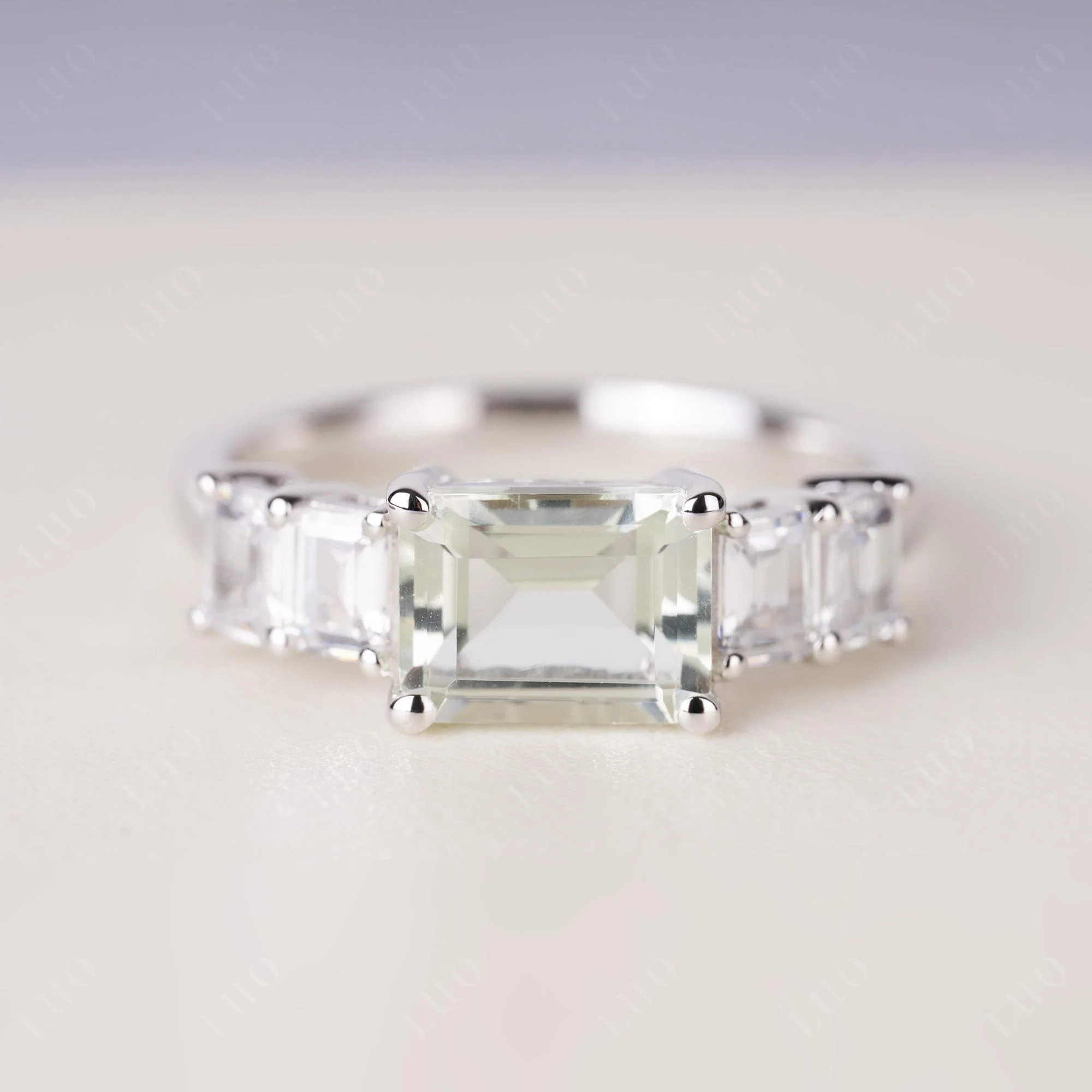 East West Emerald Cut Green Amethyst Ring