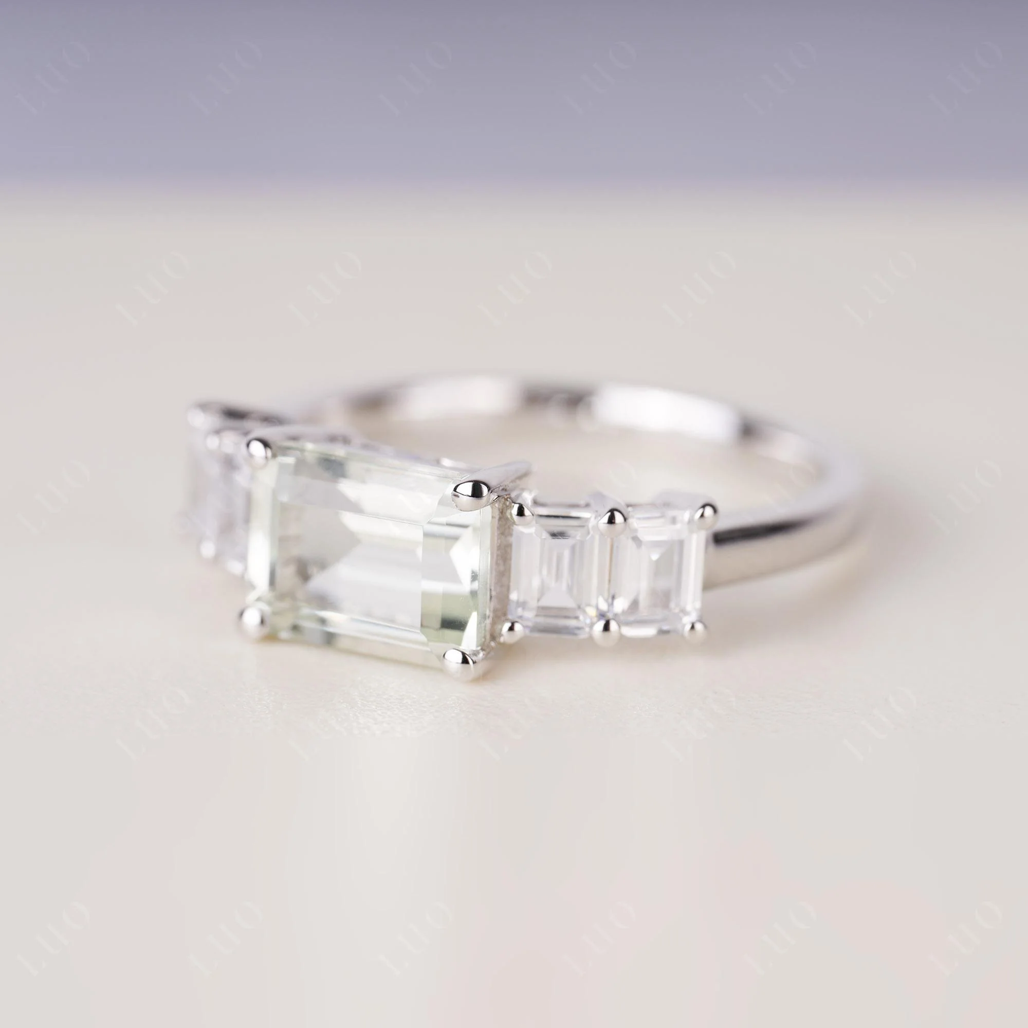 East West Emerald Cut Green Amethyst Ring - Image 2