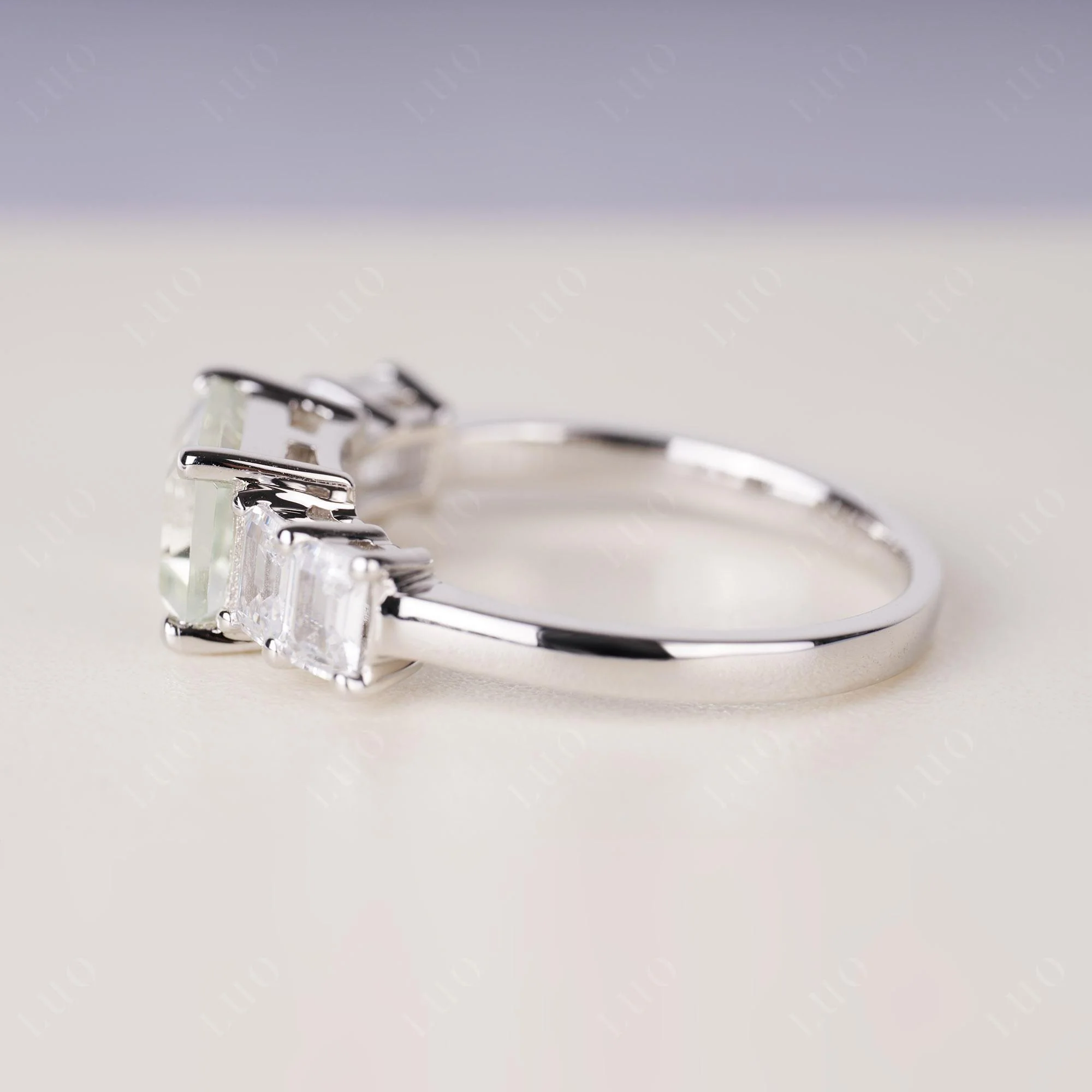 East West Emerald Cut Green Amethyst Ring - Image 4