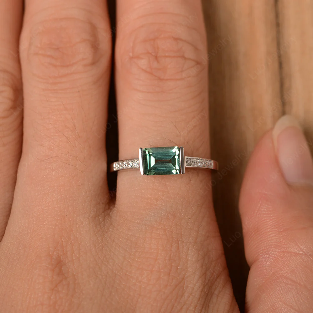 Green Sapphire Half Bezel Emerald Cut Ring - Image 5