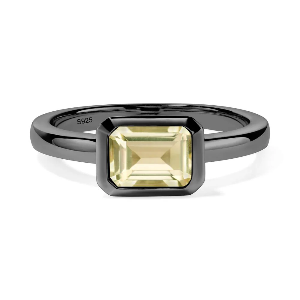 East West Emerald Cut Lemon Quartz Bezel Ring - Image 2