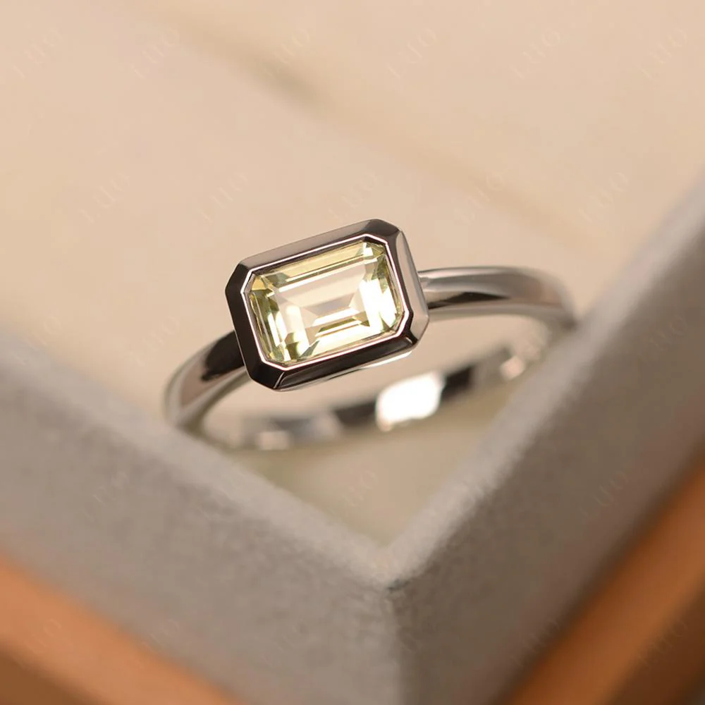 East West Emerald Cut Lemon Quartz Bezel Ring - Image 29