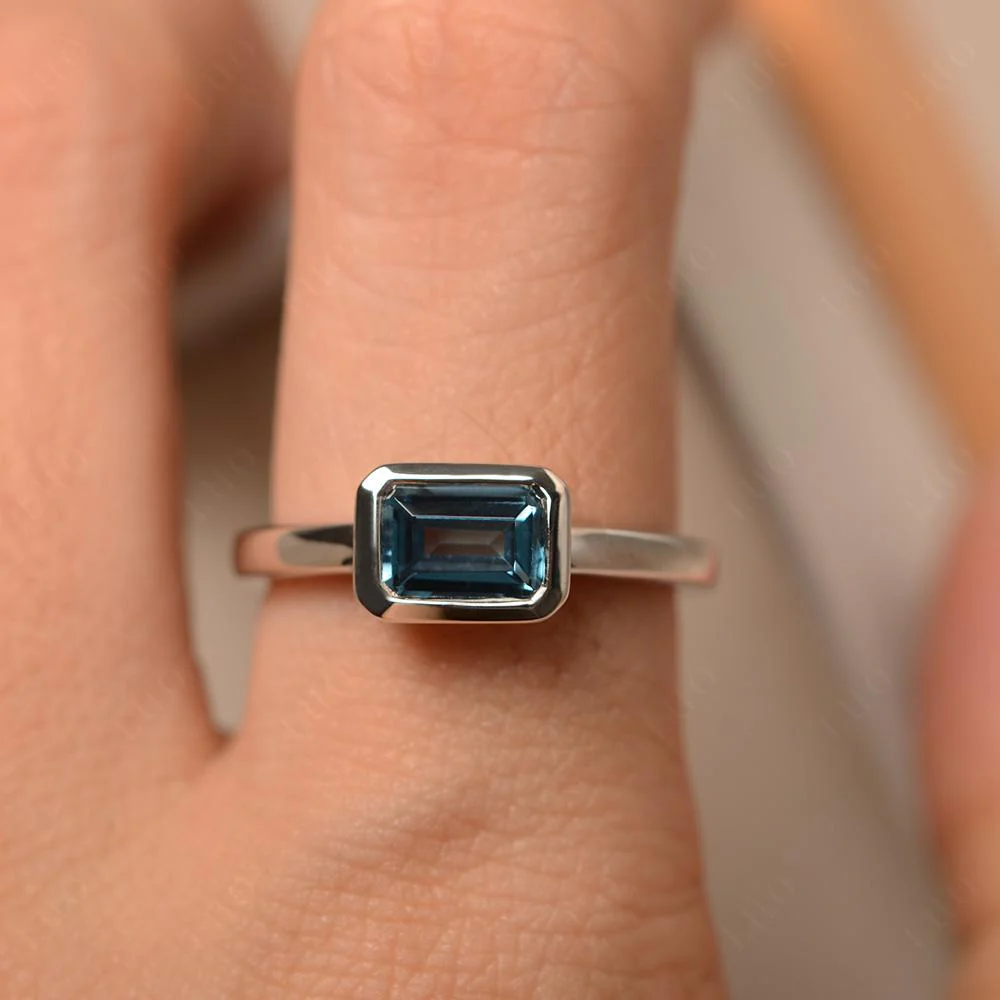 London Blue Topaz Bezel Emerald Cut Engagement Ring - Image 32