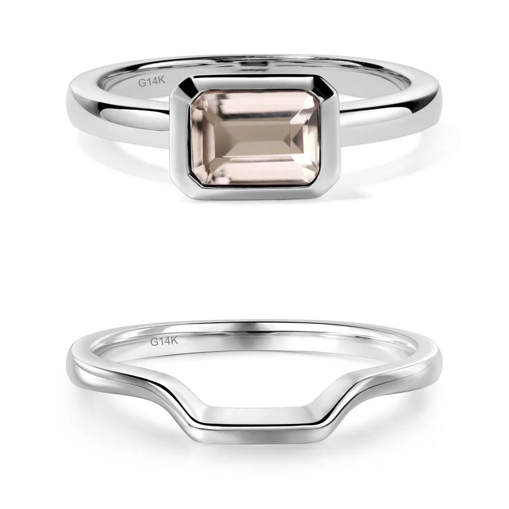 East West Emerald Cut Morganite Bezel Ring - Image 15