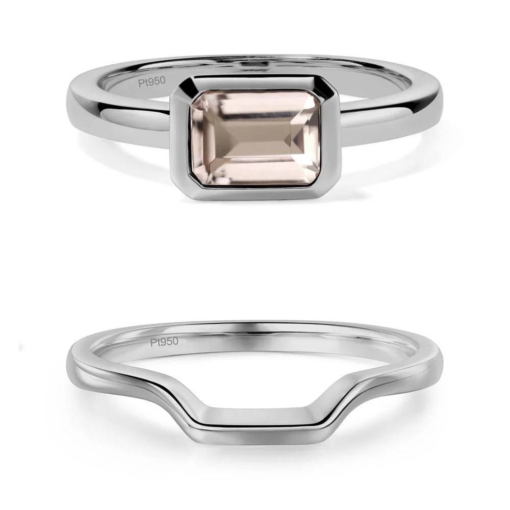 East West Emerald Cut Morganite Bezel Ring - Image 21