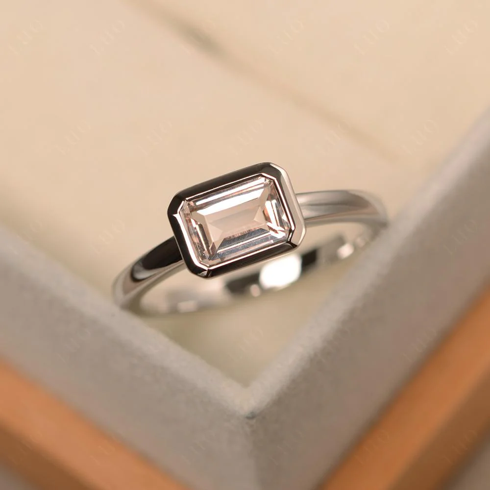 East West Emerald Cut Morganite Bezel Ring - Image 29