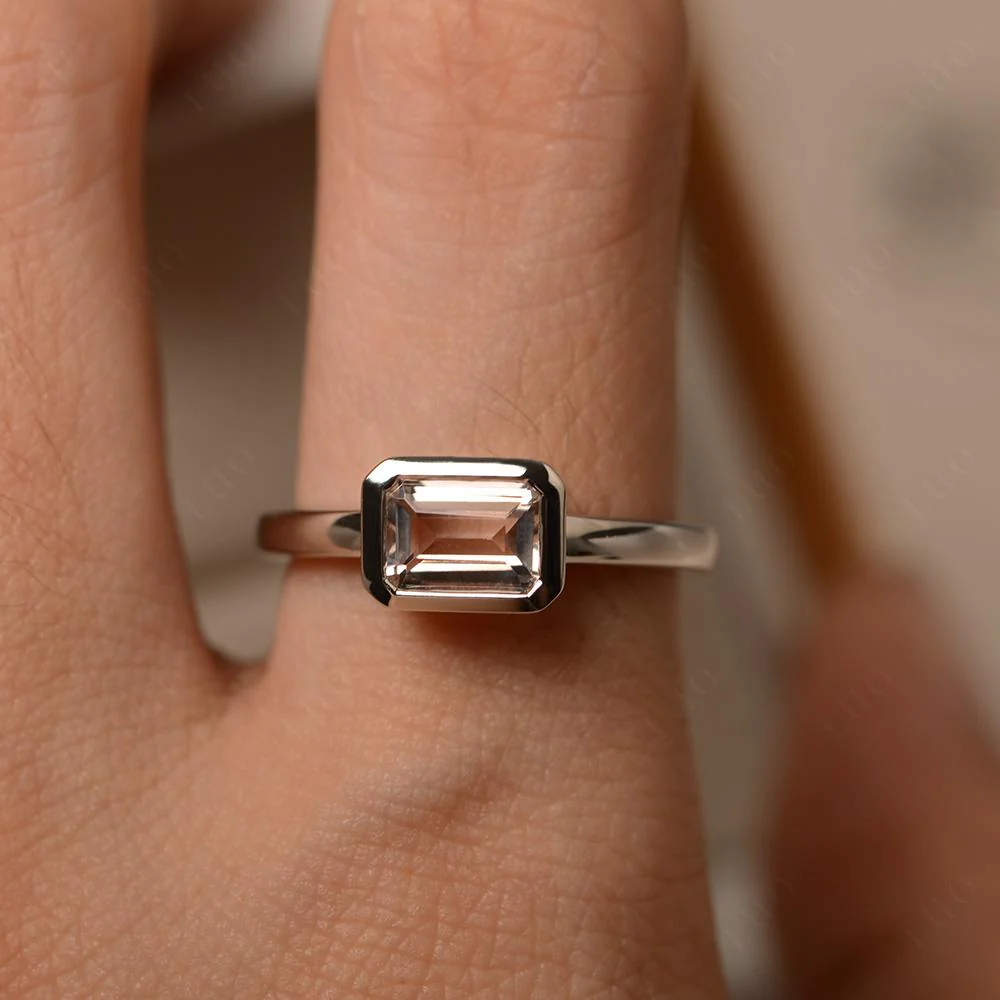 East West Emerald Cut Morganite Bezel Ring - Image 32