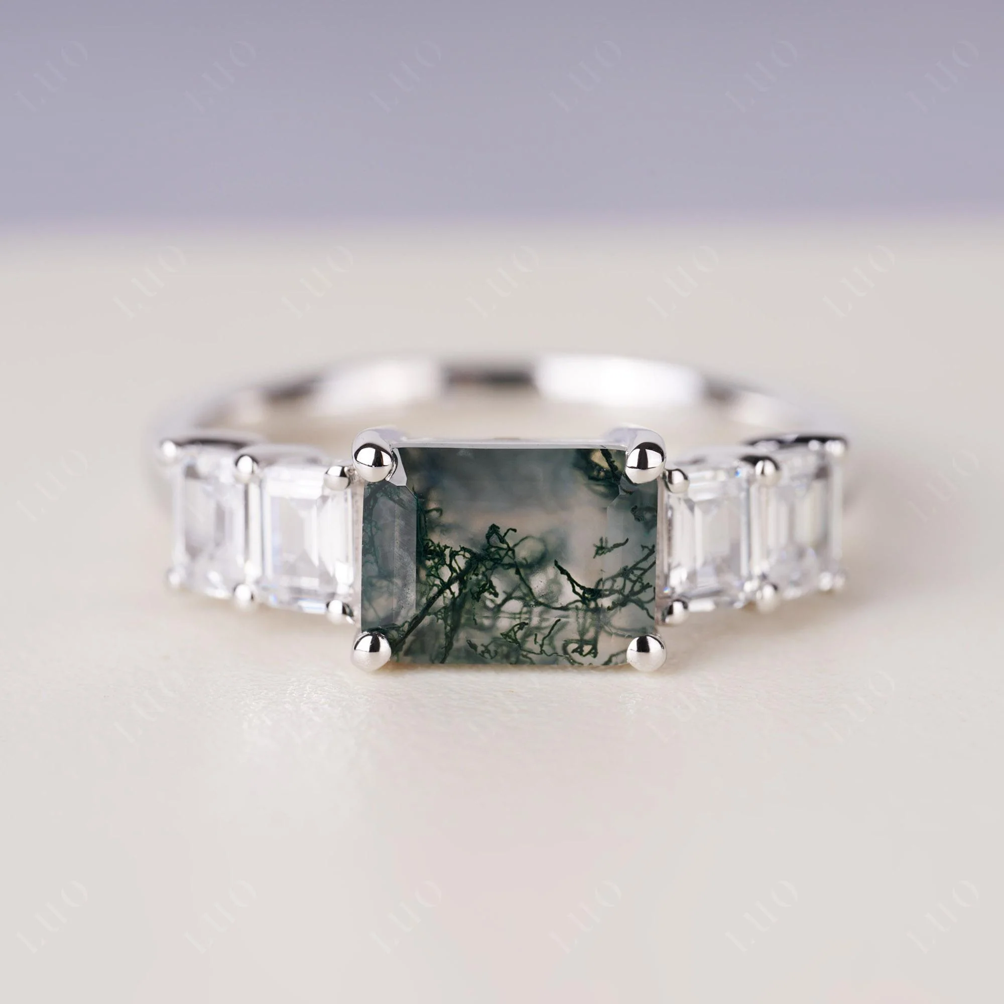 East West Emerald Cut Moss Agate Ring
