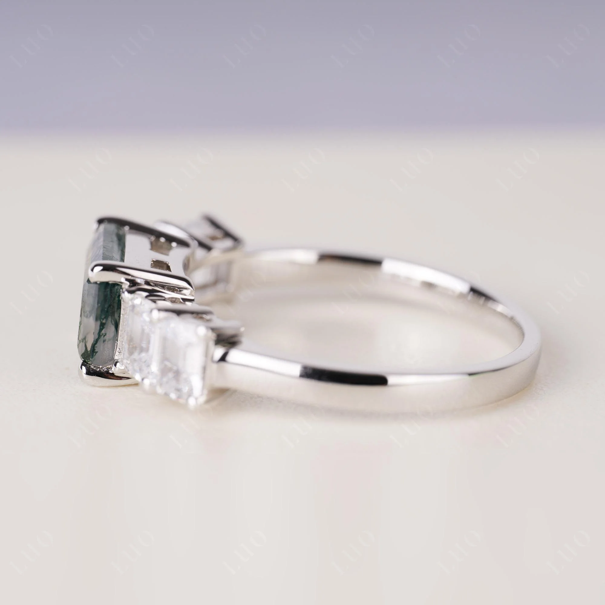 East West Emerald Cut Moss Agate Ring - Image 4