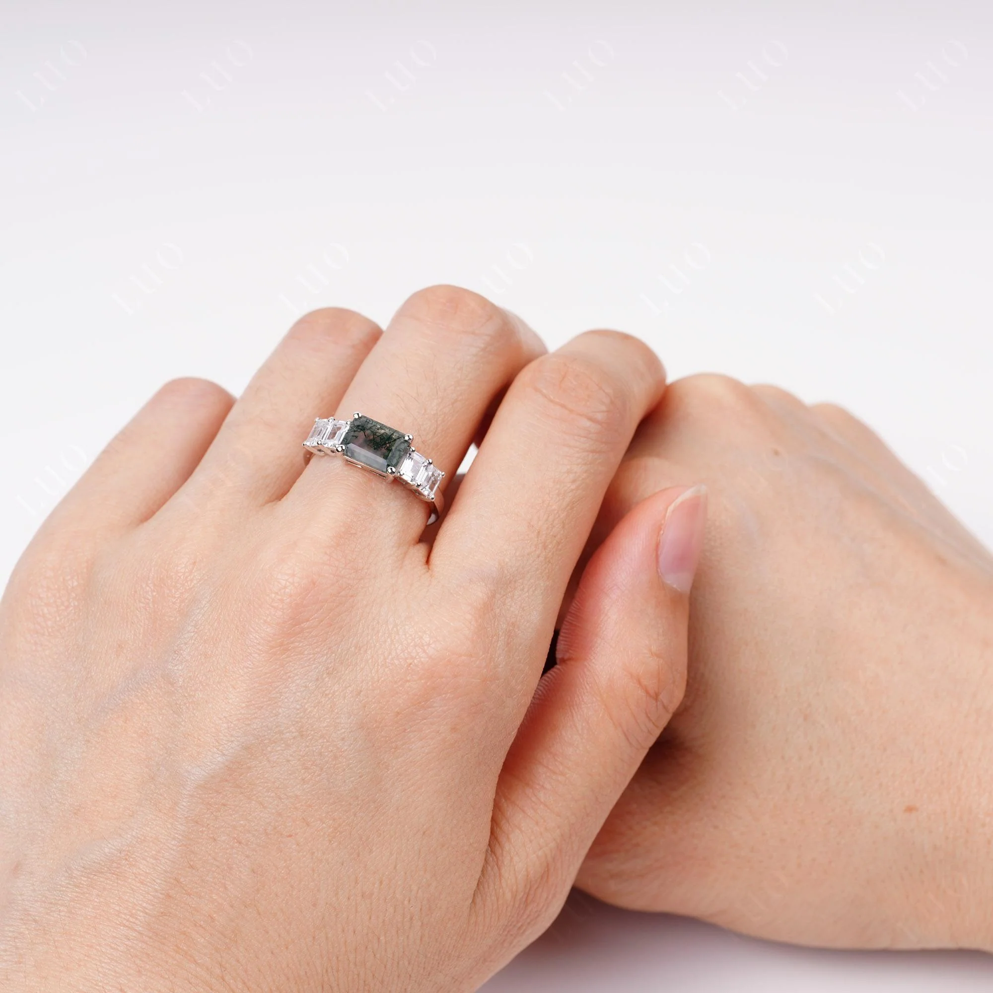 East West Emerald Cut Moss Agate Ring - Image 5