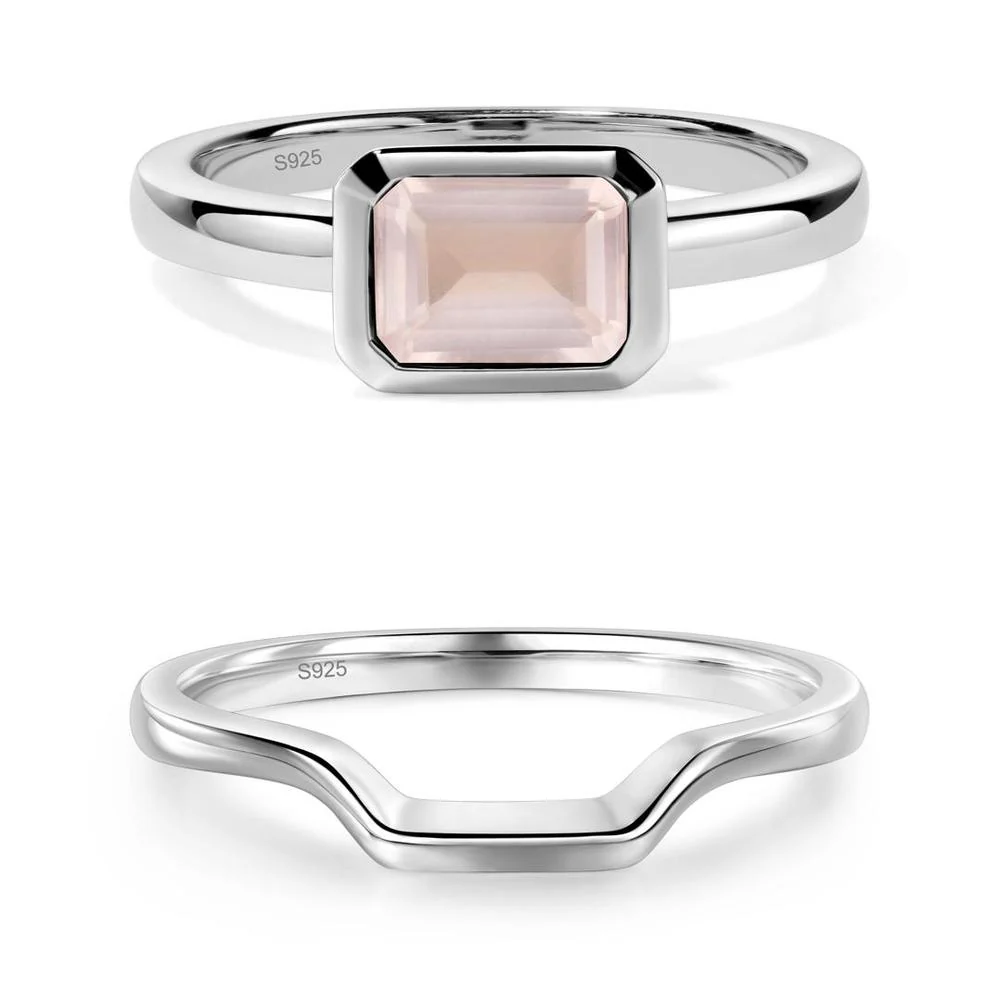 East West Emerald Cut Rose Quartz Bezel Ring - Image 15