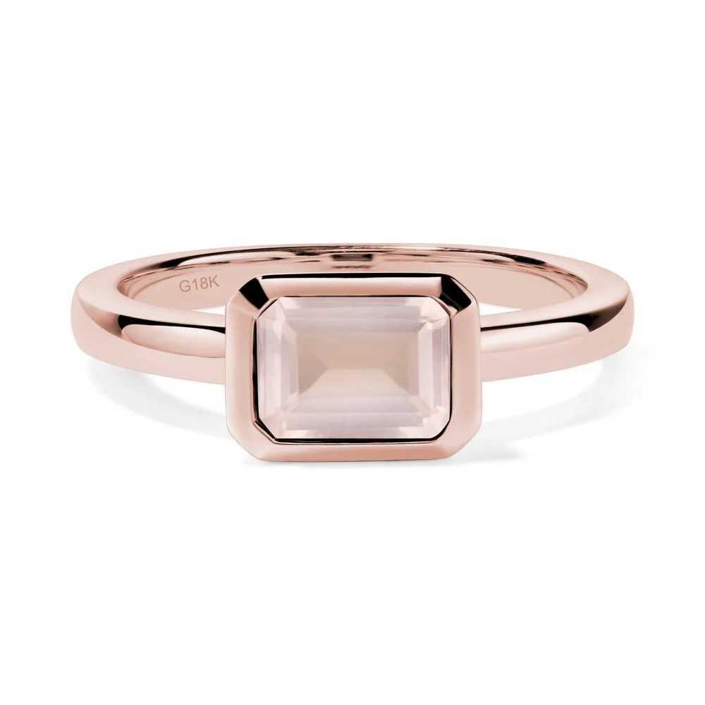 East West Emerald Cut Rose Quartz Bezel Ring - Image 2
