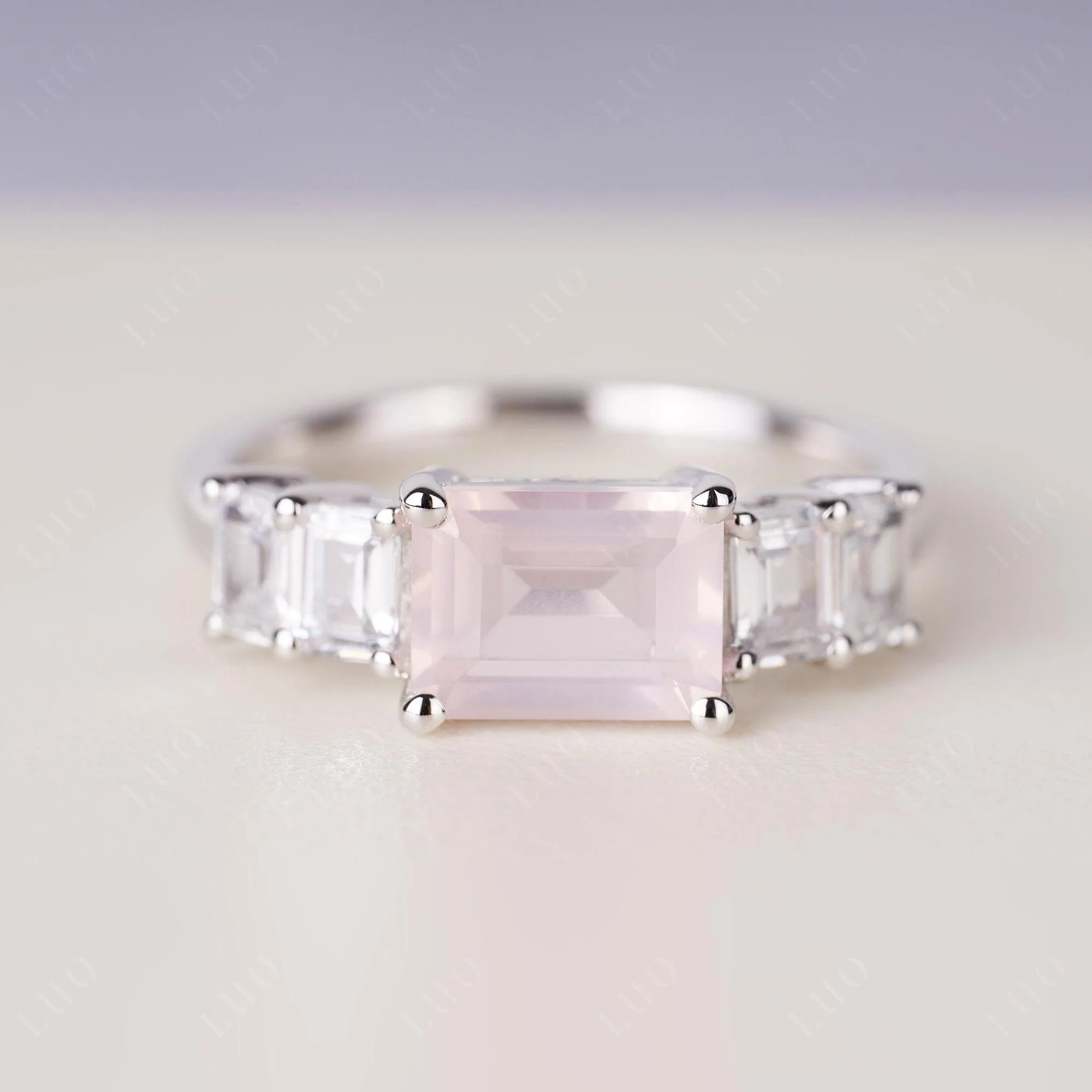 East West Emerald Cut Rose Quartz Ring