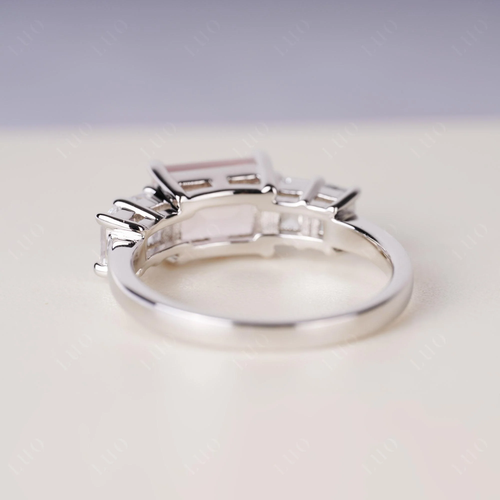 East West Emerald Cut Rose Quartz Ring - Image 3