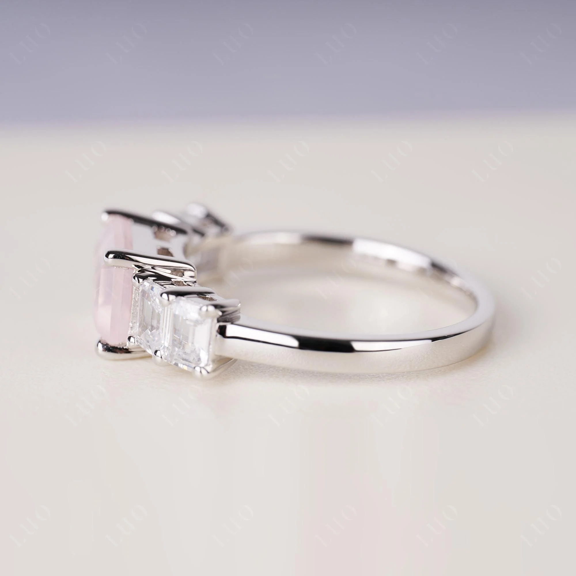 East West Emerald Cut Rose Quartz Ring - Image 4