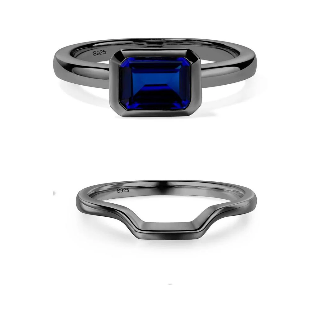 East West Emerald Cut Sapphire Bezel Ring - Image 11