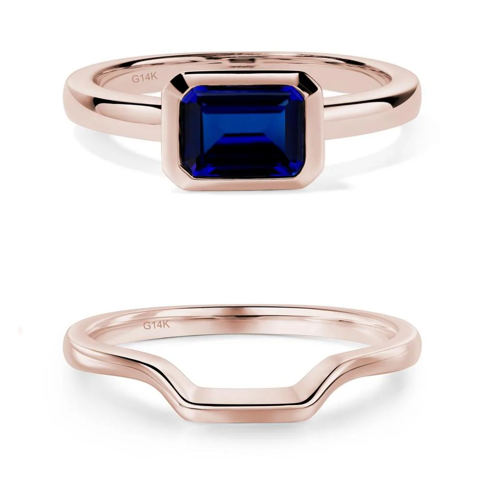 East West Emerald Cut Sapphire Bezel Ring - Image 17
