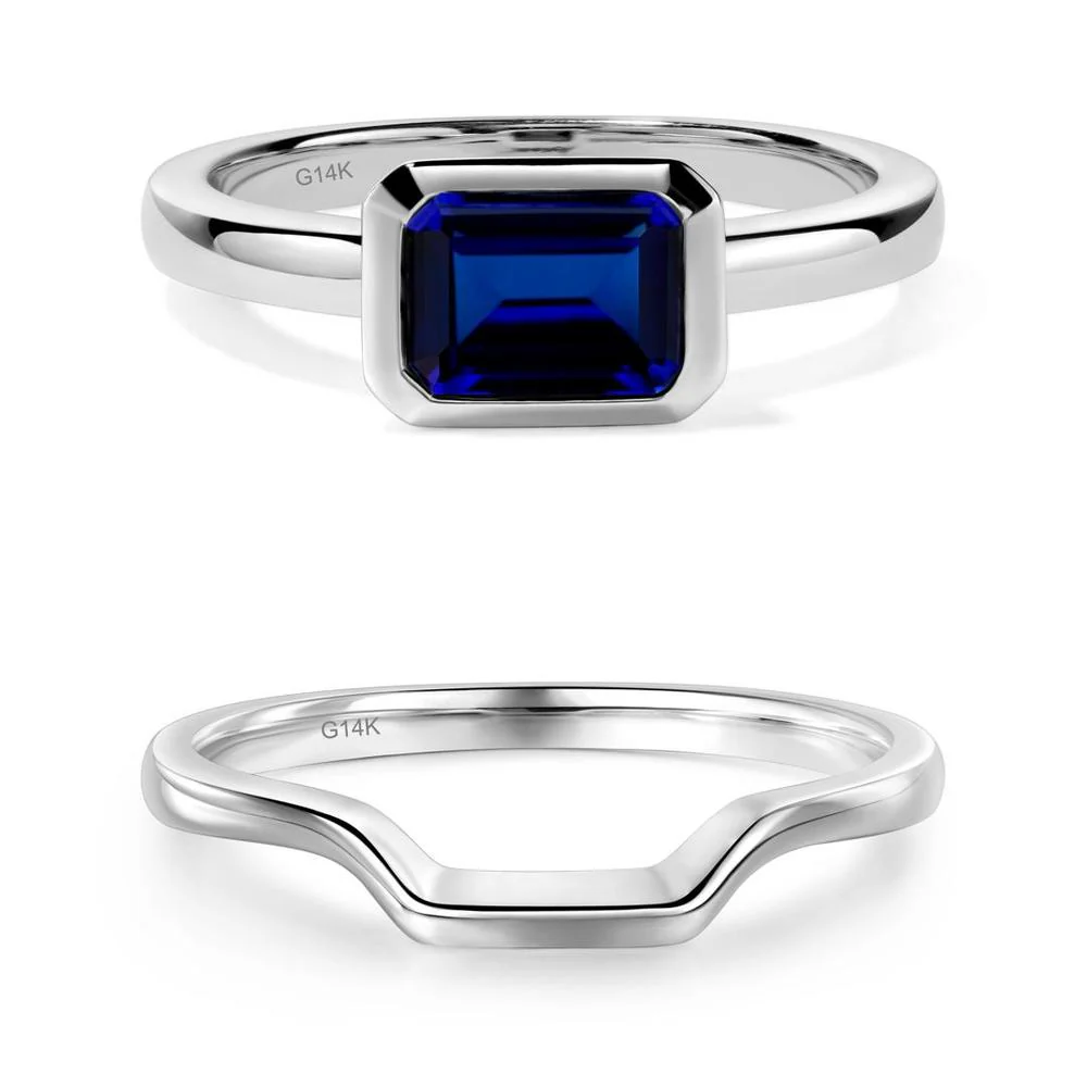 East West Emerald Cut Sapphire Bezel Ring - Image 19