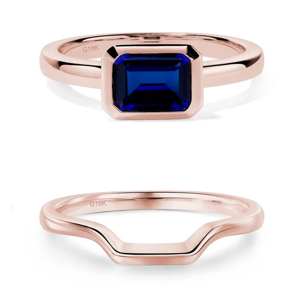 East West Emerald Cut Sapphire Bezel Ring - Image 27