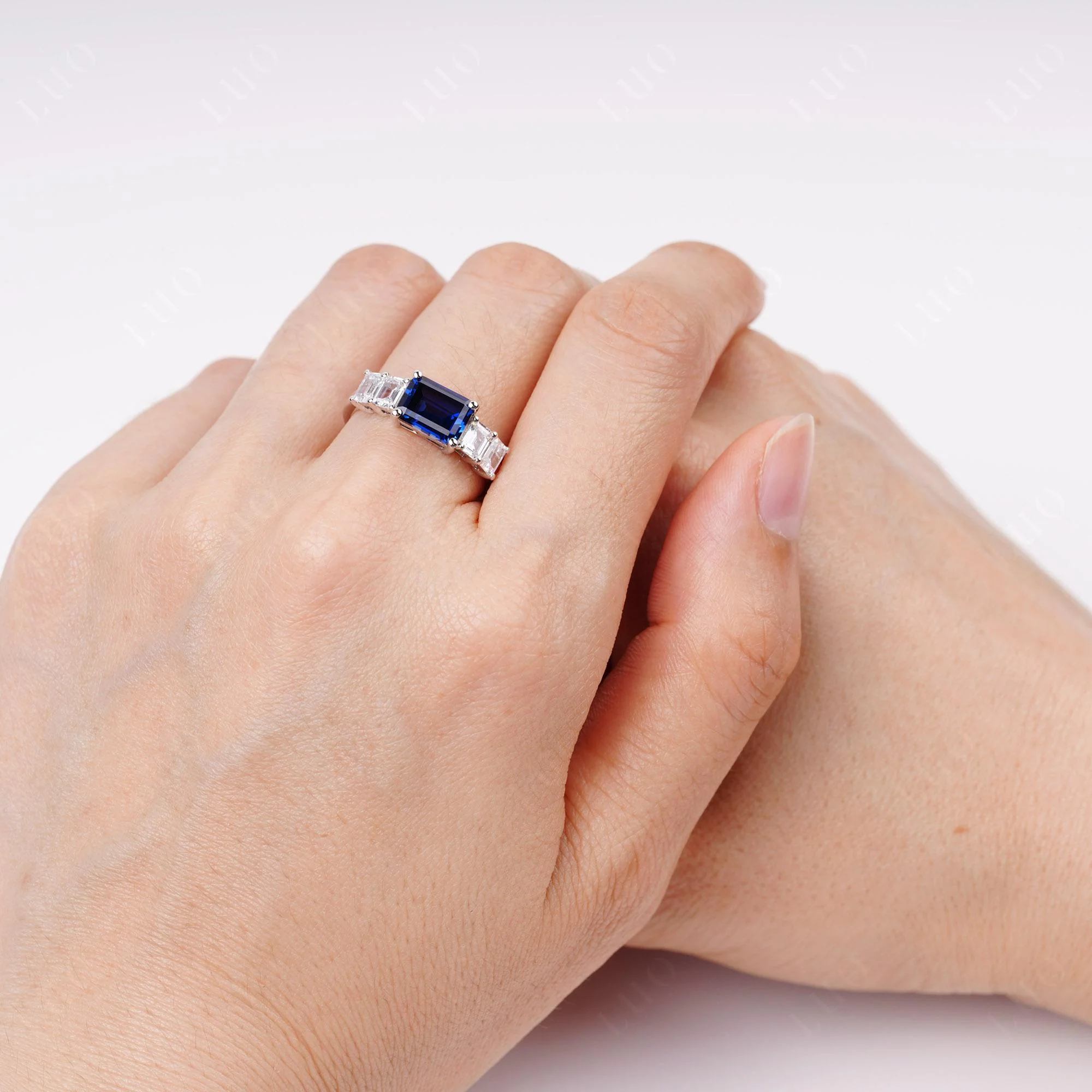 East West Emerald Cut Sapphire Ring - Image 5