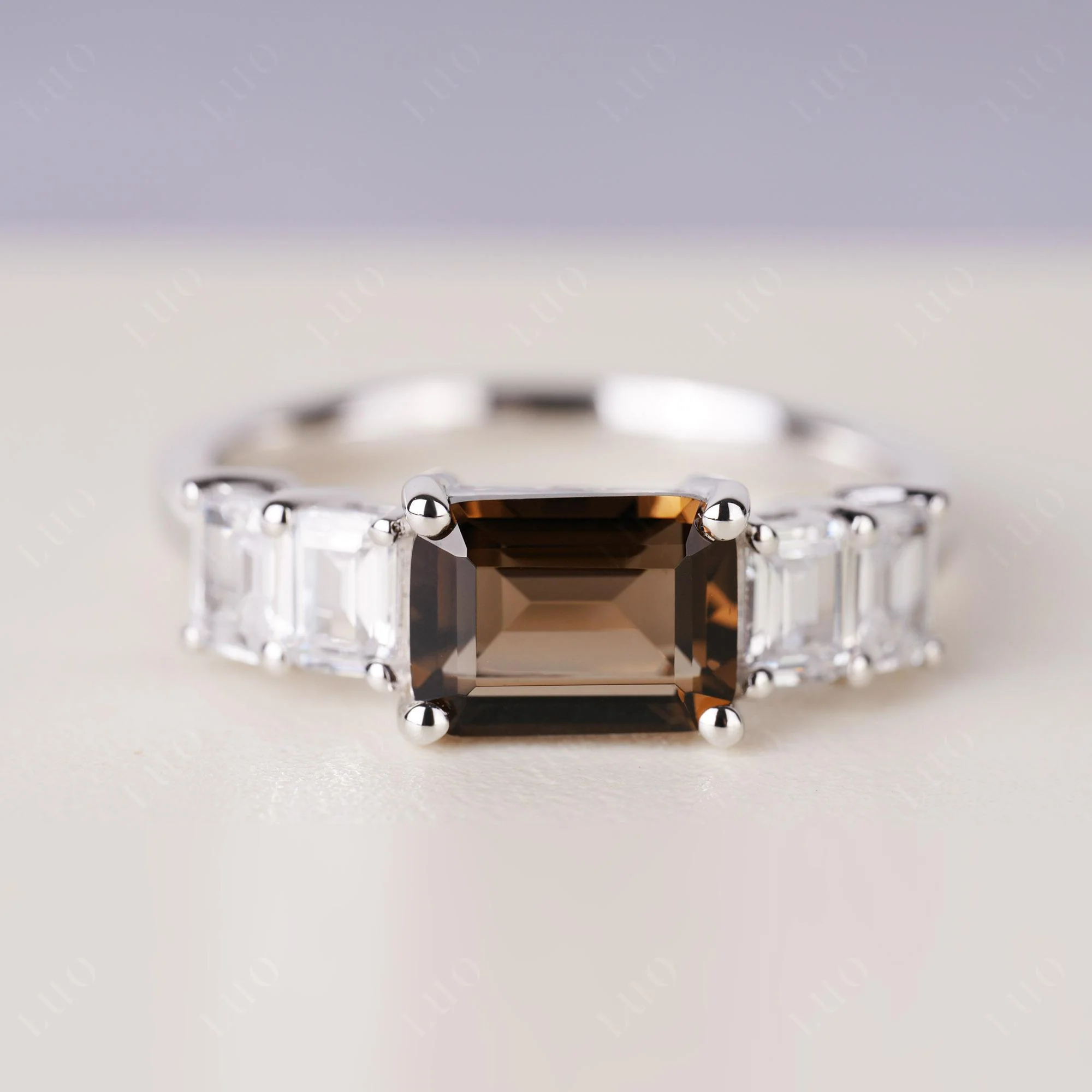 East West Emerald Cut Smoky Quartz Ring