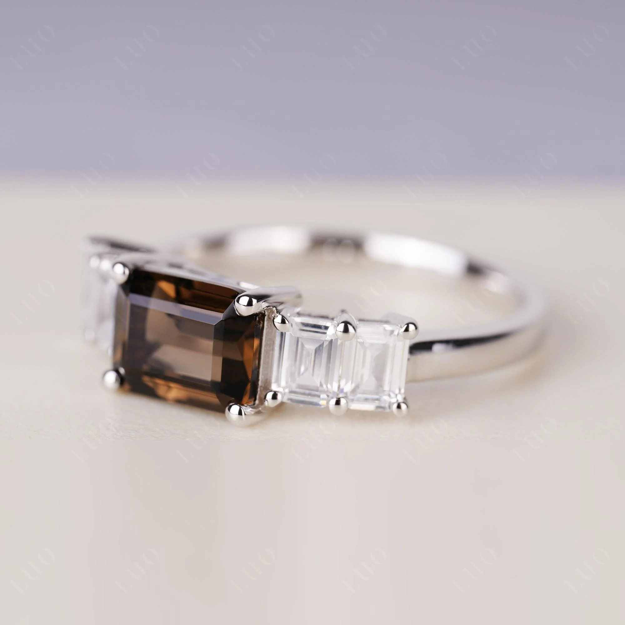 East West Emerald Cut Smoky Quartz Ring - Image 2