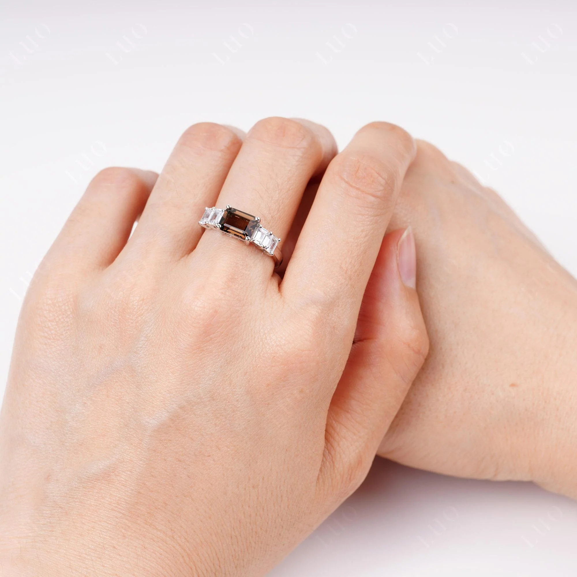 East West Emerald Cut Smoky Quartz Ring - Image 5
