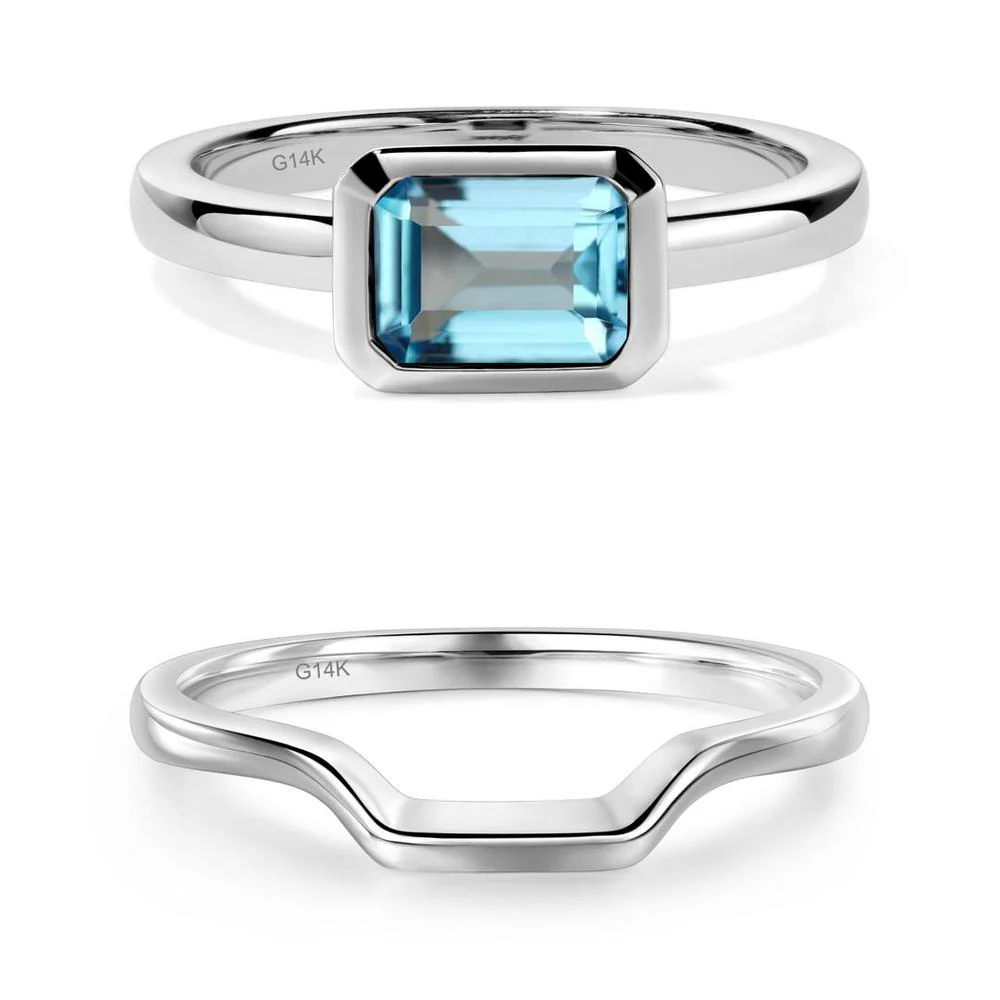 East West Emerald Cut Swiss Blue Topaz Bezel Ring - Image 11