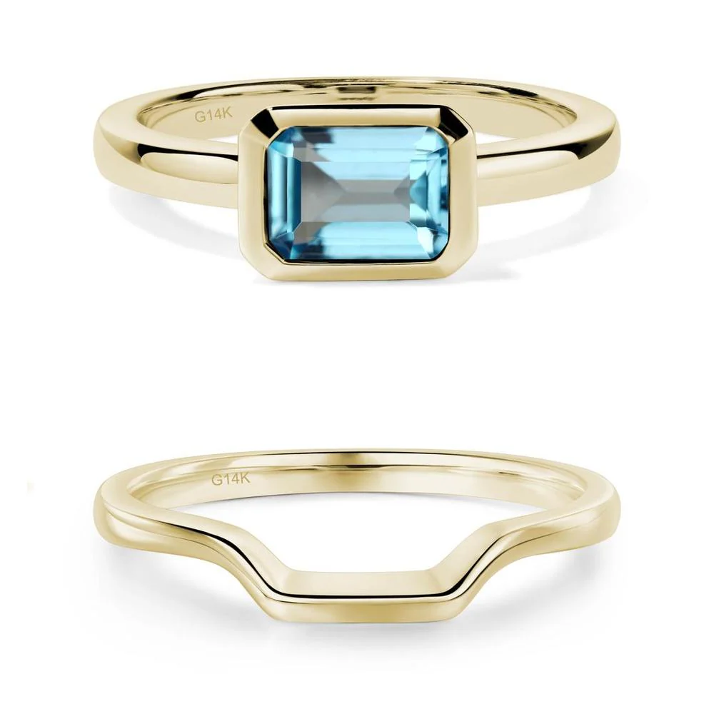 East West Emerald Cut Swiss Blue Topaz Bezel Ring - Image 27