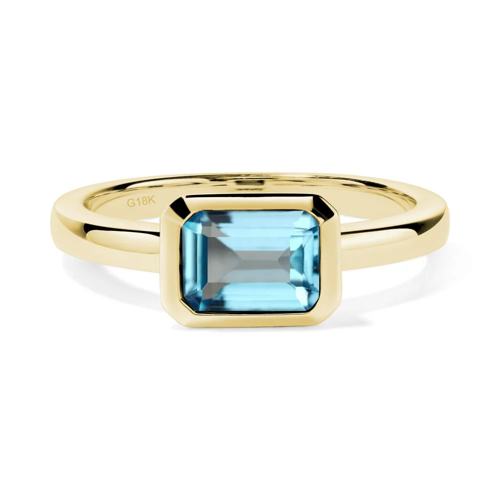 East West Emerald Cut Swiss Blue Topaz Bezel Ring - Image 3