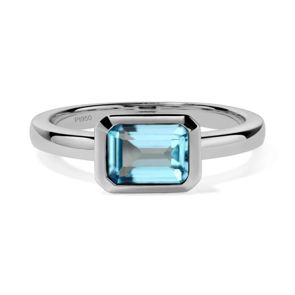 East West Emerald Cut Swiss Blue Topaz Bezel Ring - Image 6