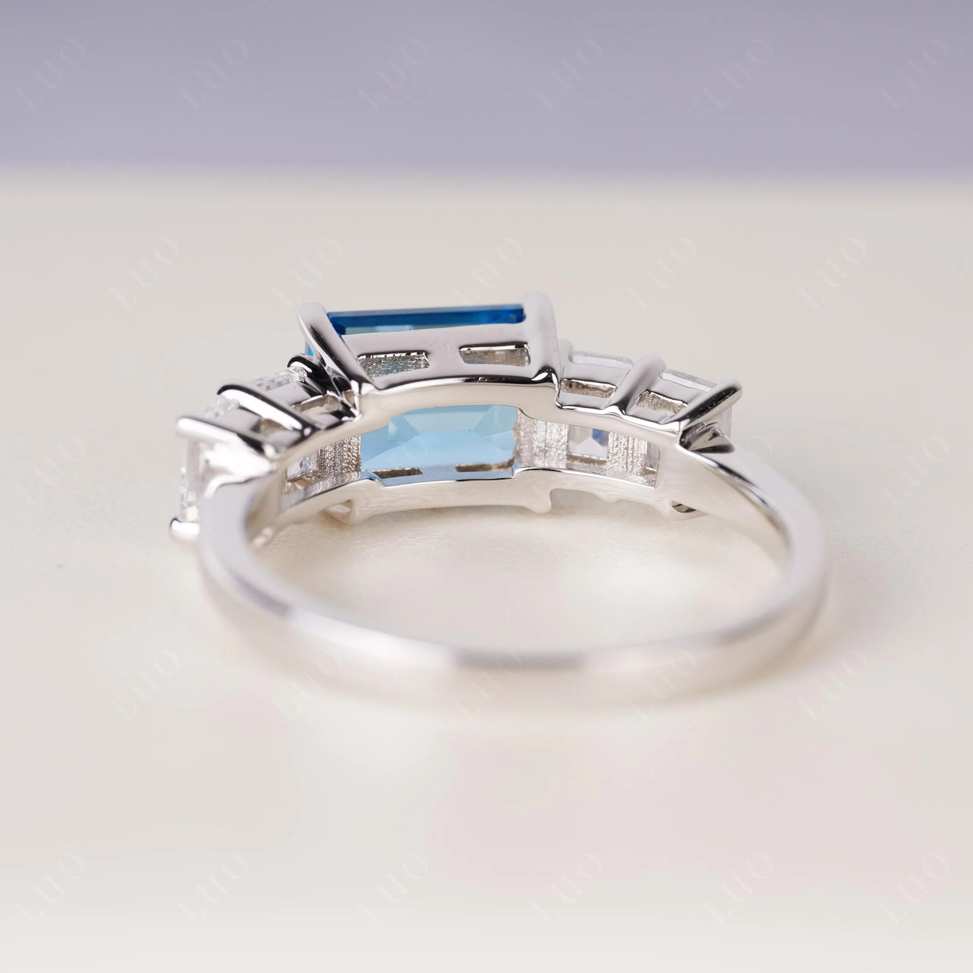 East West Emerald Cut Swiss Blue Topaz Ring - Image 3