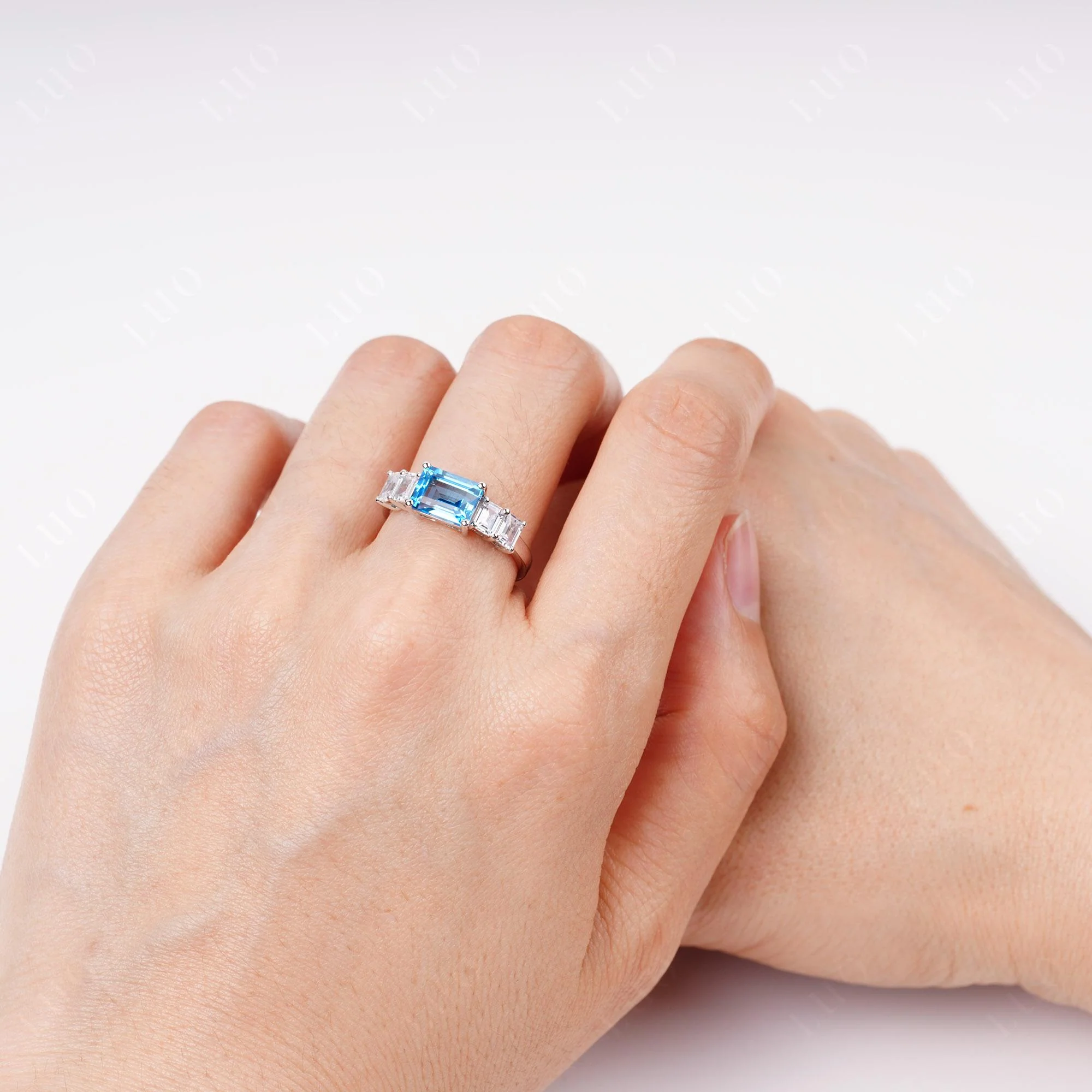 East West Emerald Cut Swiss Blue Topaz Ring - Image 5