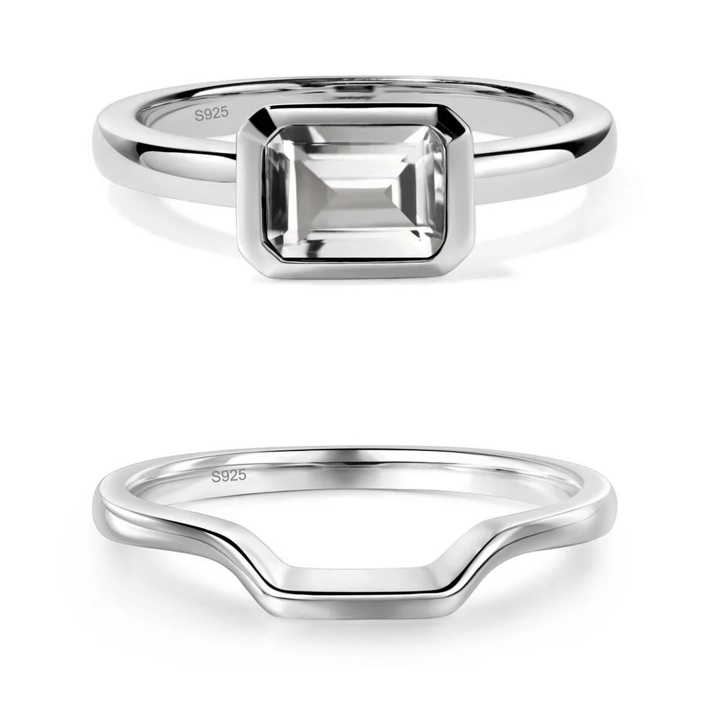 White Topaz Bezel Emerald Cut Engagement Ring - Image 11