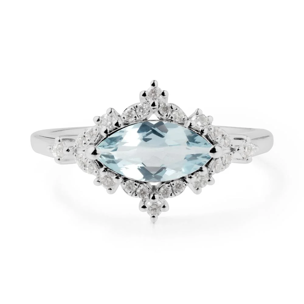 East West Marquise Cut Aquamarine Halo Ring - Image 2