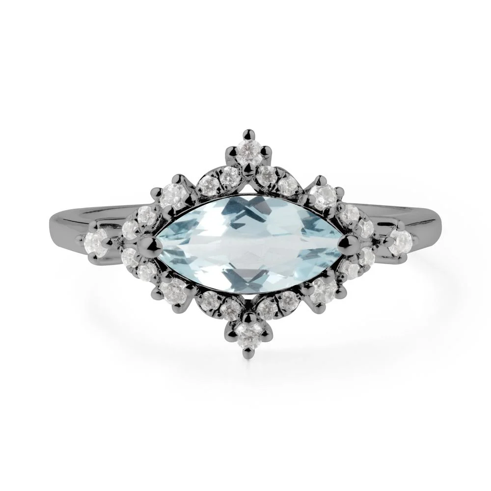 East West Marquise Cut Aquamarine Halo Ring - Image 4