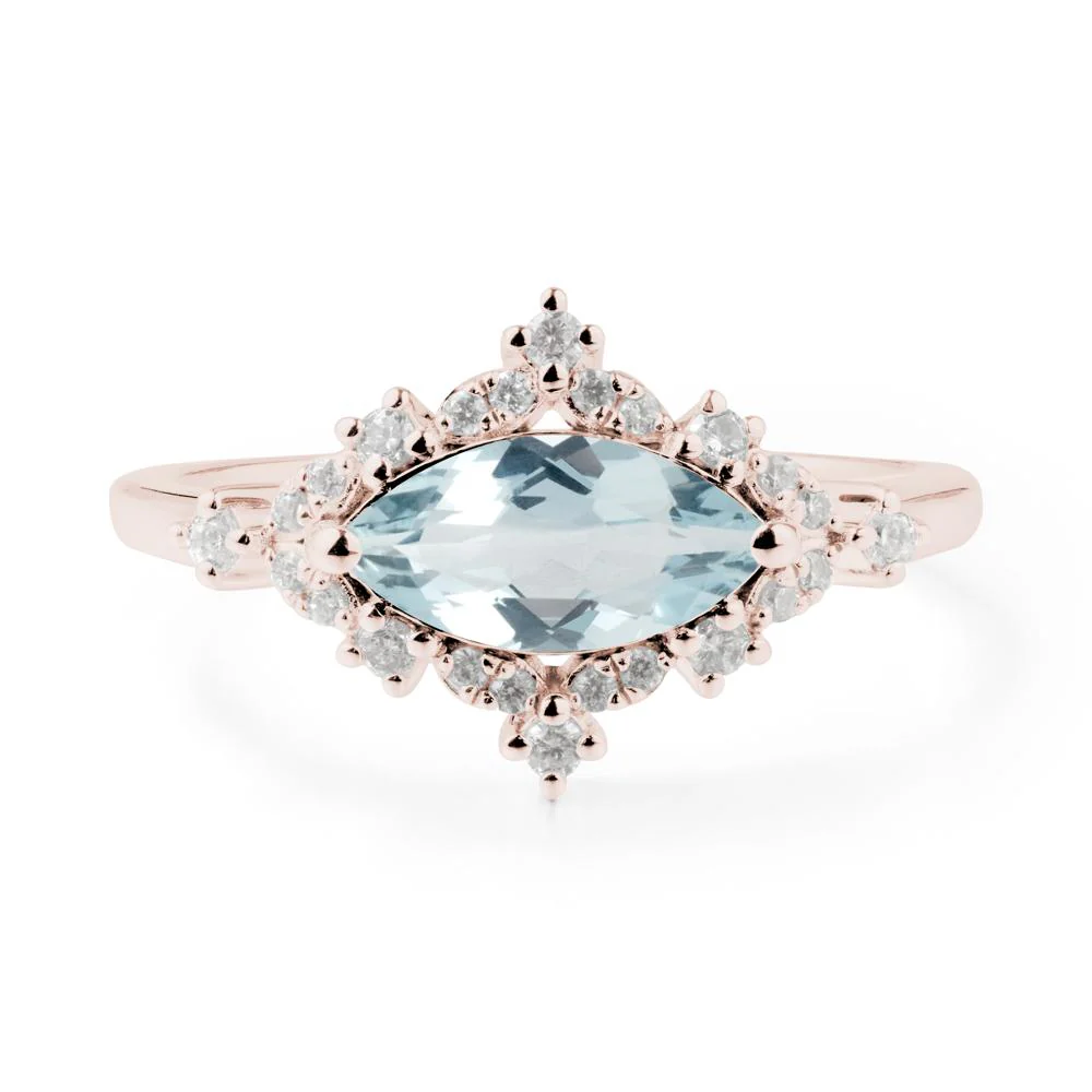 East West Marquise Cut Aquamarine Halo Ring - Image 5
