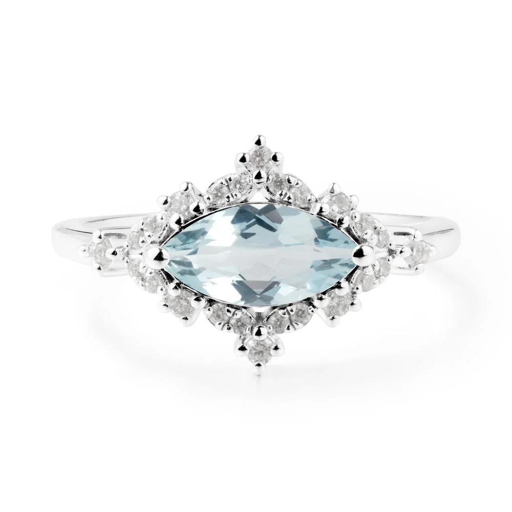 East West Marquise Cut Aquamarine Halo Ring - Image 7