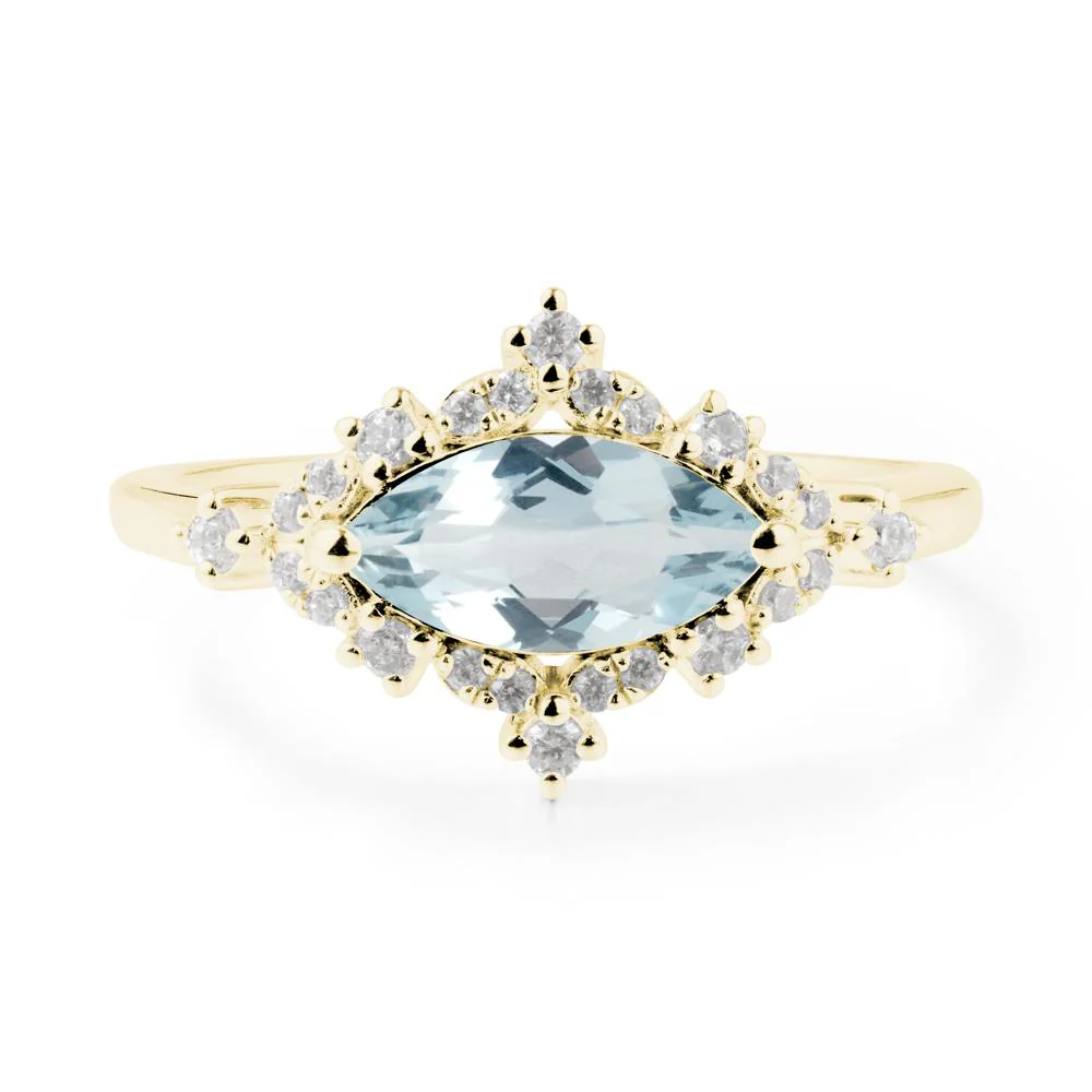 East West Marquise Cut Aquamarine Halo Ring - Image 8
