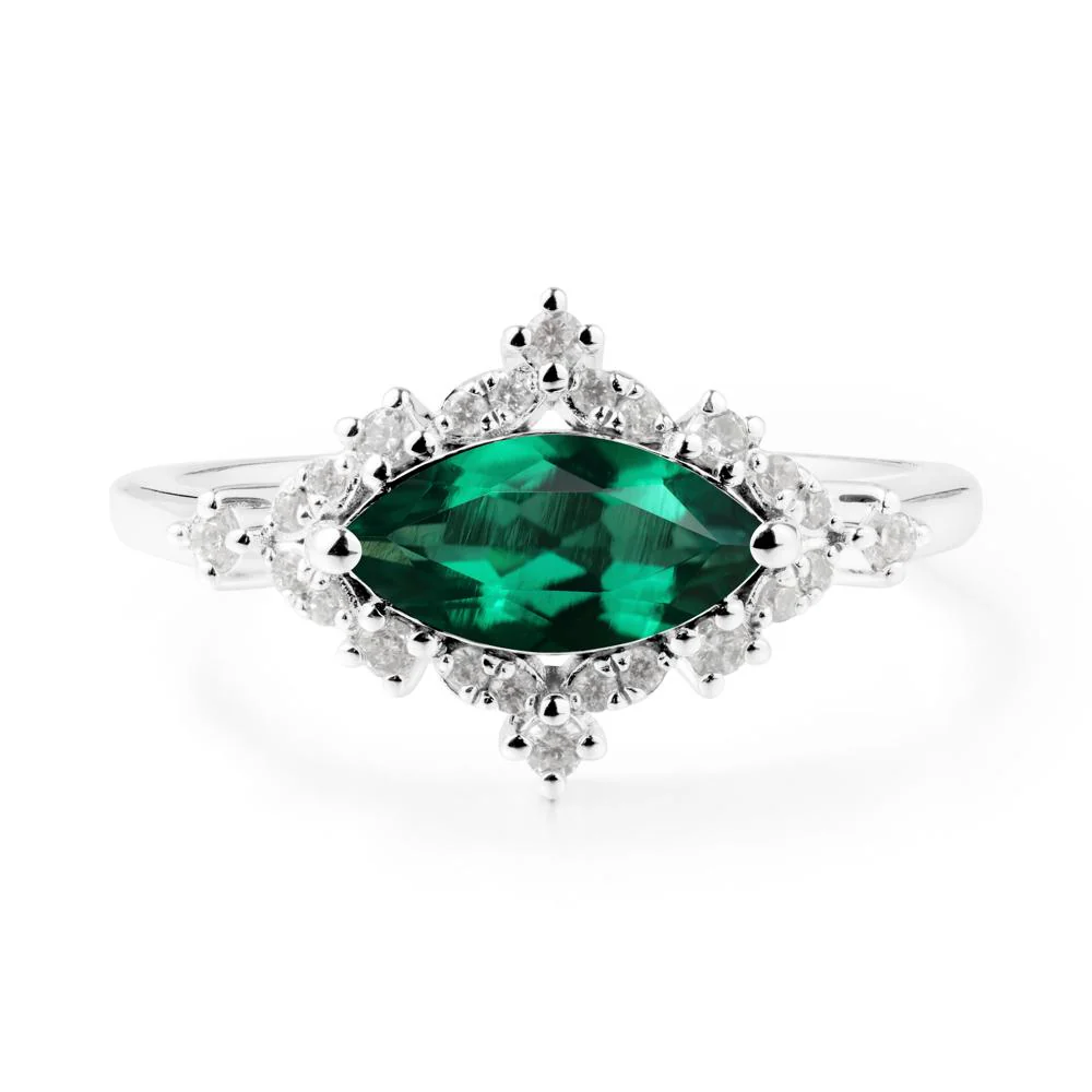 East West Marquise Cut Emerald Halo Ring - Image 3