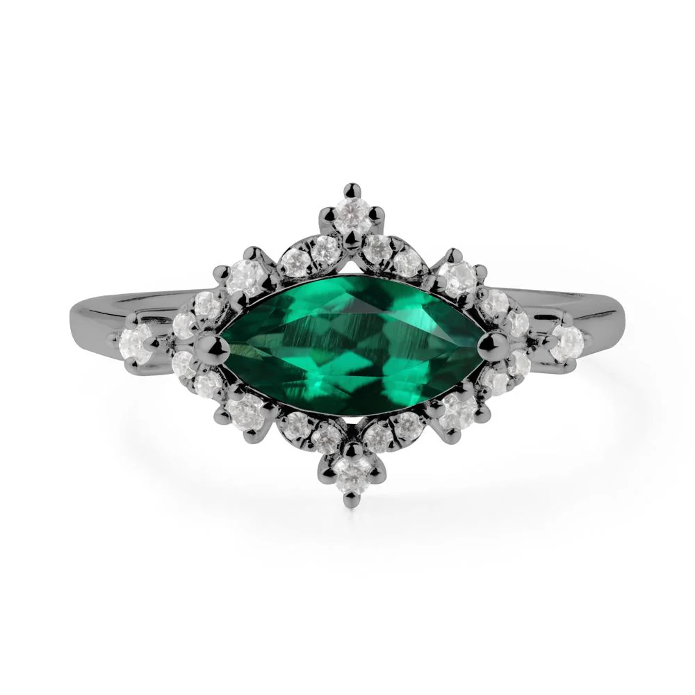 East West Marquise Cut Emerald Halo Ring - Image 5