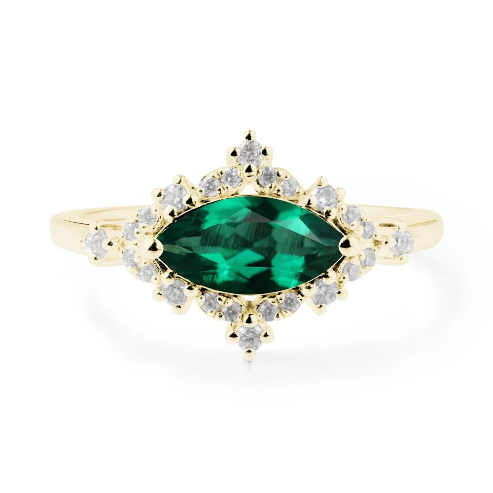 East West Marquise Cut Emerald Halo Ring - Image 6