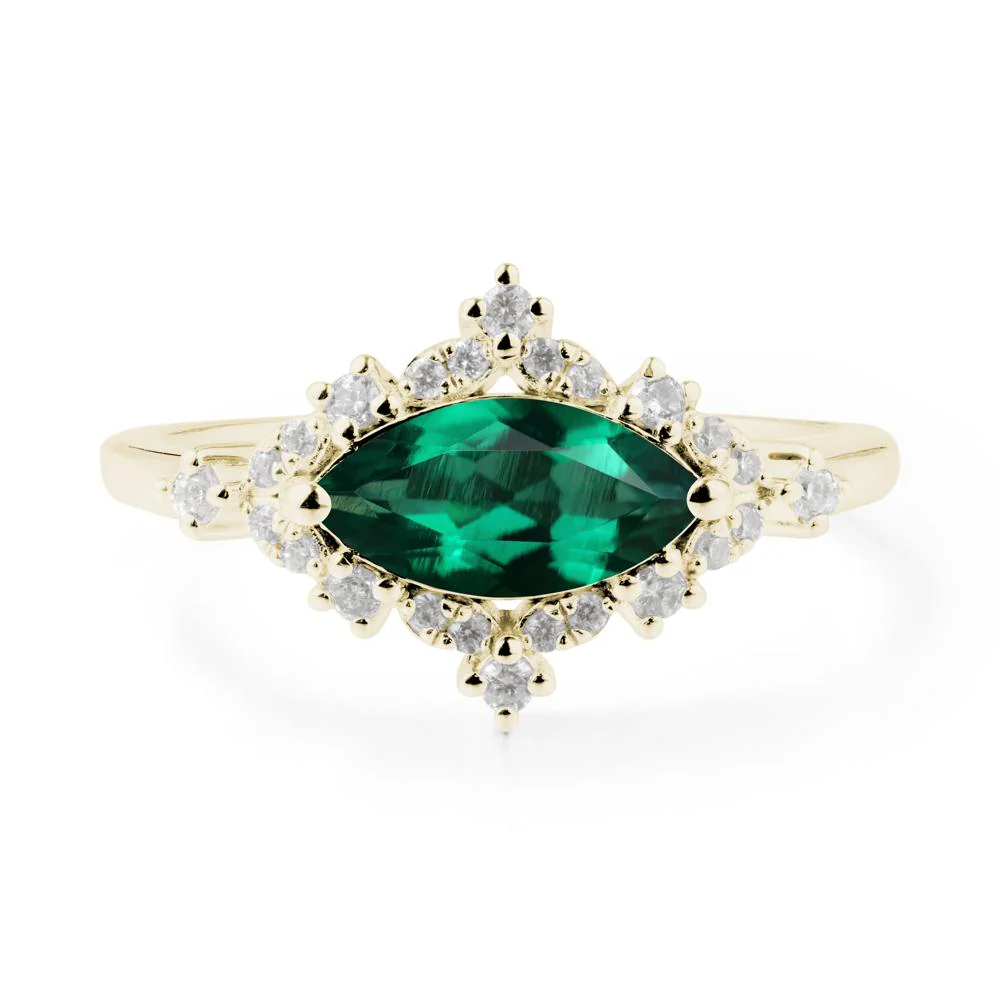 East West Marquise Cut Emerald Halo Ring - Image 8