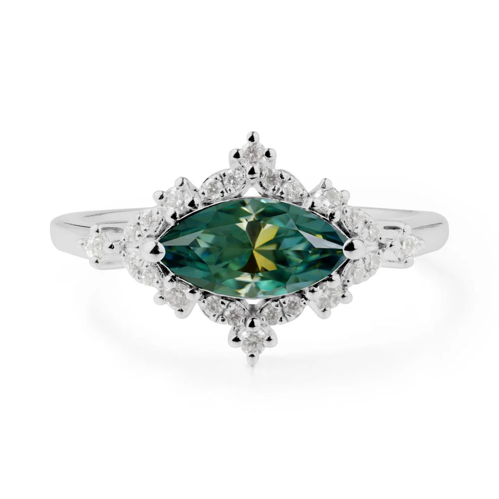 East West Marquise Cut Green Moissanite Halo Ring - Image 2