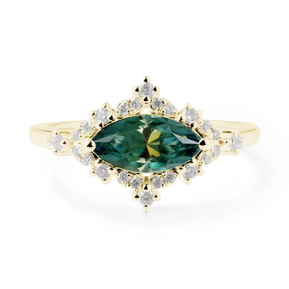East West Marquise Cut Green Moissanite Halo Ring - Image 3