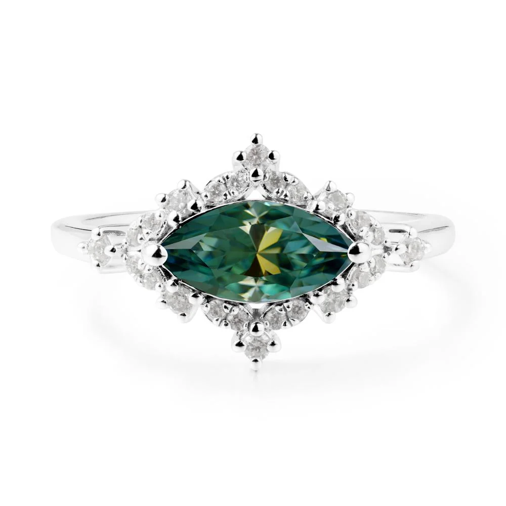 East West Marquise Cut Green Moissanite Halo Ring - Image 4