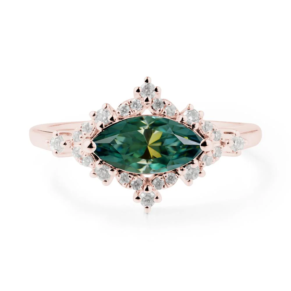 East West Marquise Cut Green Moissanite Halo Ring - Image 6