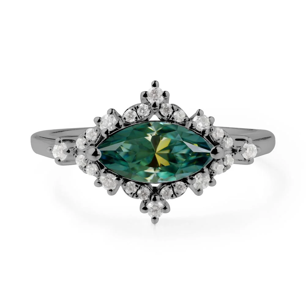 East West Marquise Cut Green Moissanite Halo Ring - Image 7