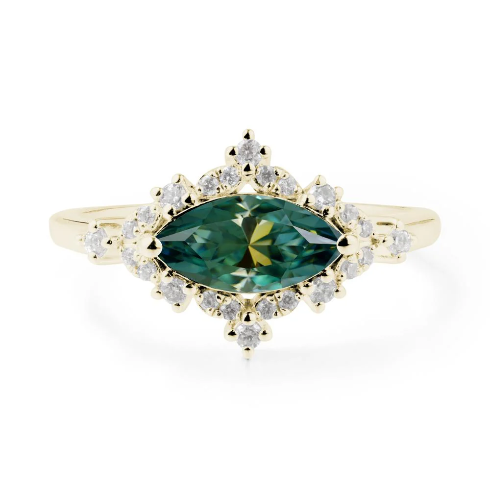 East West Marquise Cut Green Moissanite Halo Ring - Image 8