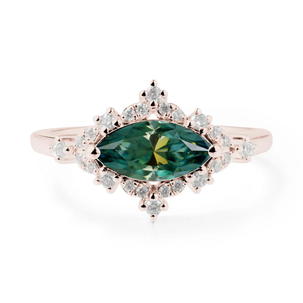 East West Marquise Cut Green Moissanite Halo Ring - Image 9